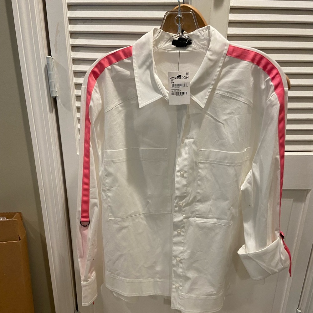 Halogen (Nordstrom) White Button Down with Pink Sleeve Detail NEW WITH TAGS